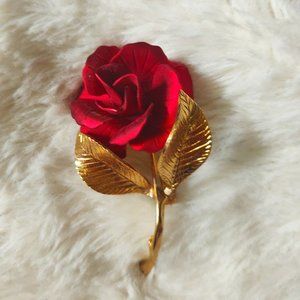 Cerrito Vintage Red Rose Satin Petals Polished Gold Tone Brooch Pin | Jewellery